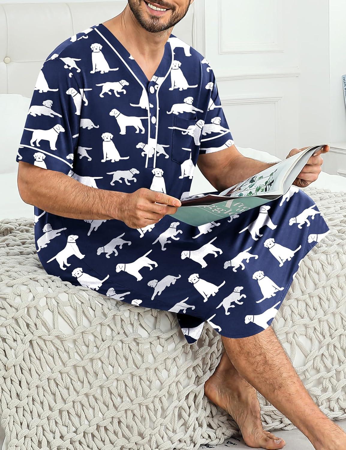 imageSWOMOG Mens Nightgown Short Sleeve Lounge Sleep Henley Shirt Pajama Big amp Tall Nightshirt Comfy Nightwear M3XLNavy Blue Dogs