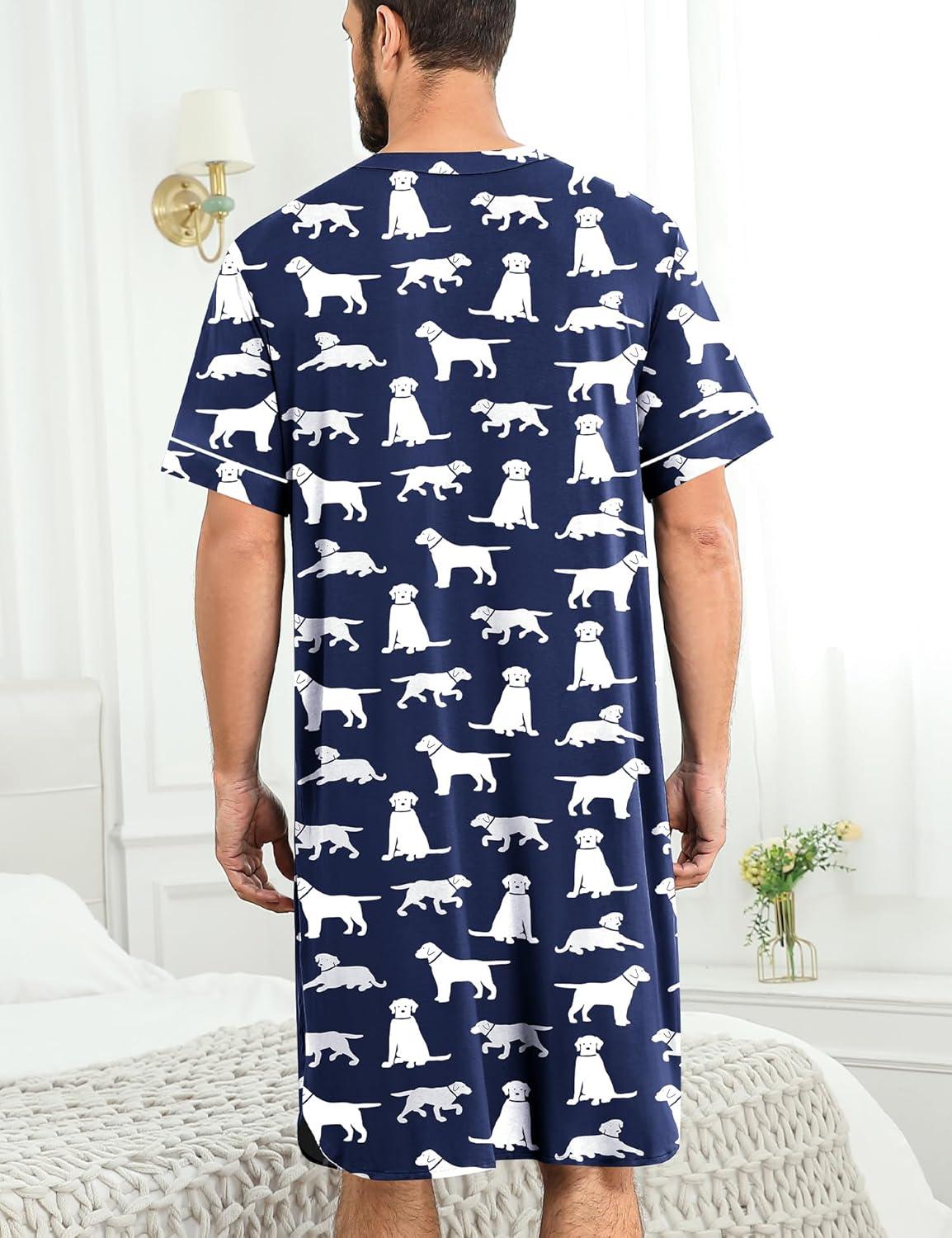 imageSWOMOG Mens Nightgown Short Sleeve Lounge Sleep Henley Shirt Pajama Big amp Tall Nightshirt Comfy Nightwear M3XLNavy Blue Dogs