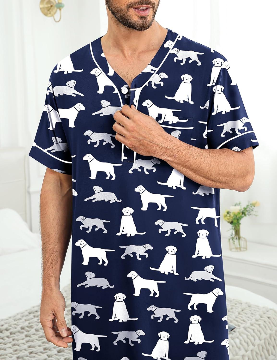 imageSWOMOG Mens Nightgown Short Sleeve Lounge Sleep Henley Shirt Pajama Big amp Tall Nightshirt Comfy Nightwear M3XLNavy Blue Dogs