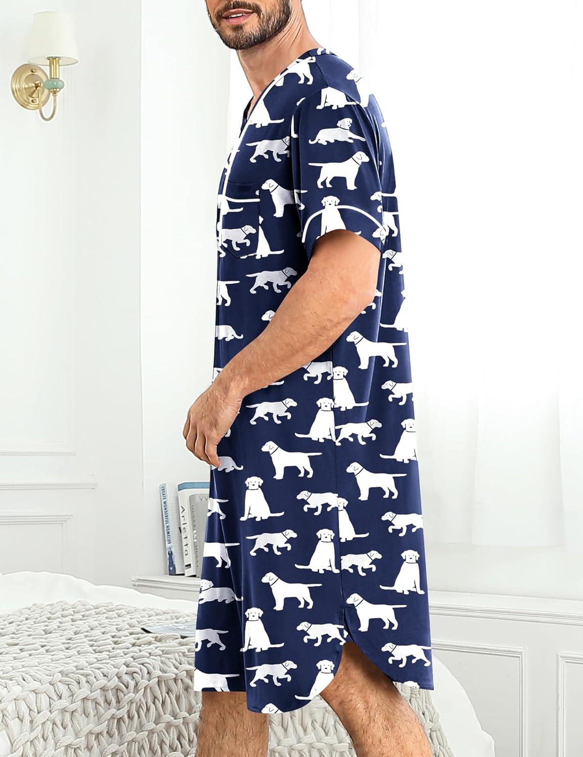 imageSWOMOG Mens Nightgown Short Sleeve Lounge Sleep Henley Shirt Pajama Big amp Tall Nightshirt Comfy Nightwear M3XLNavy Blue Dogs