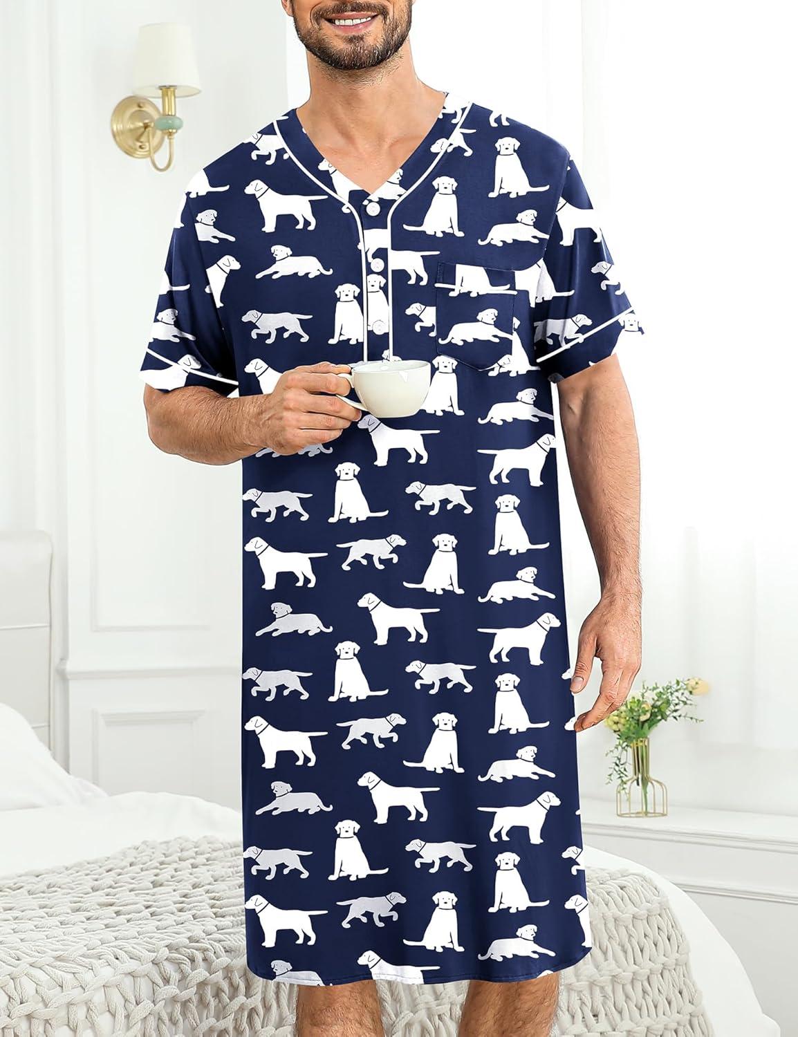 imageSWOMOG Mens Nightgown Short Sleeve Lounge Sleep Henley Shirt Pajama Big amp Tall Nightshirt Comfy Nightwear M3XLNavy Blue Dogs