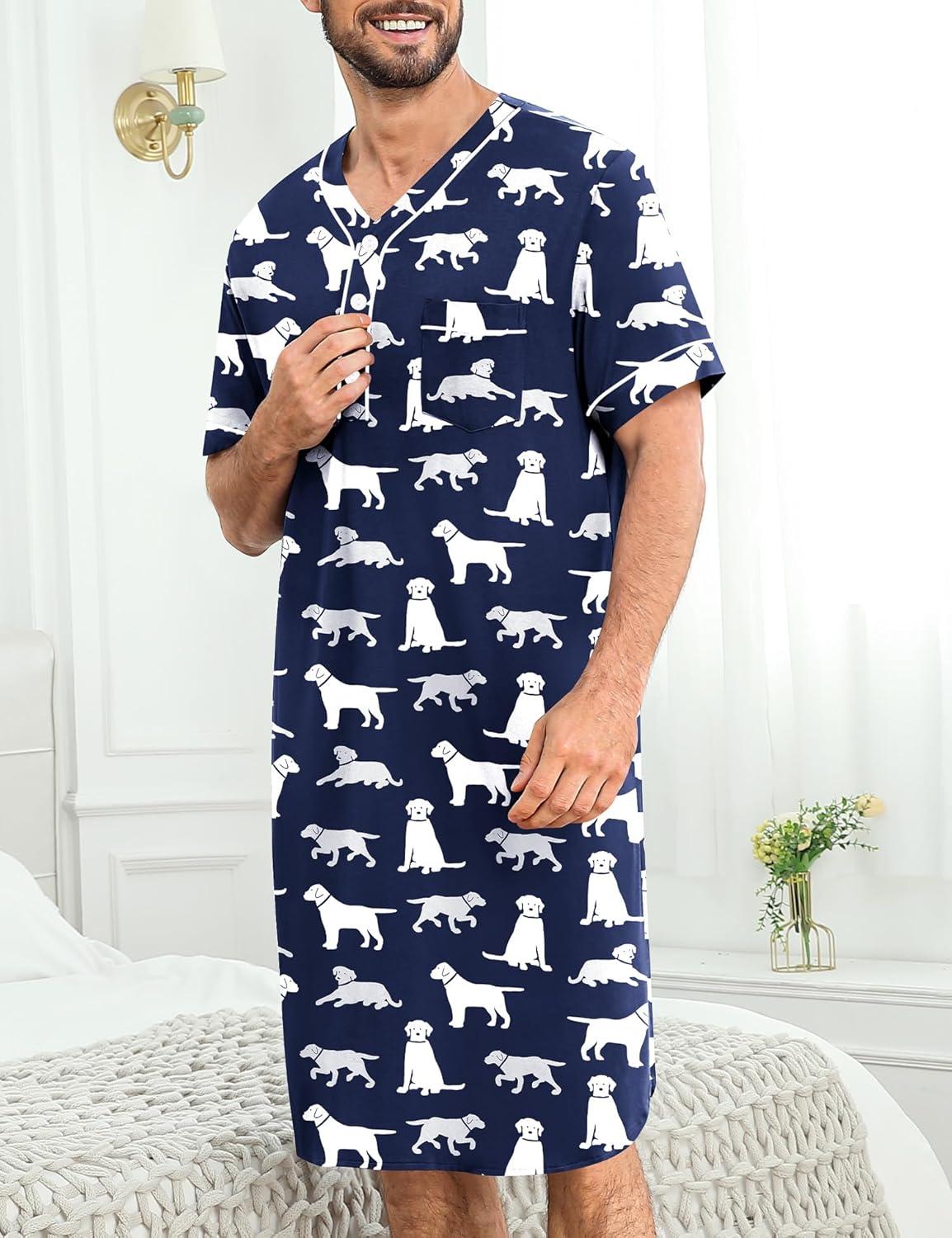imageSWOMOG Mens Nightgown Short Sleeve Lounge Sleep Henley Shirt Pajama Big amp Tall Nightshirt Comfy Nightwear M3XLNavy Blue Dogs