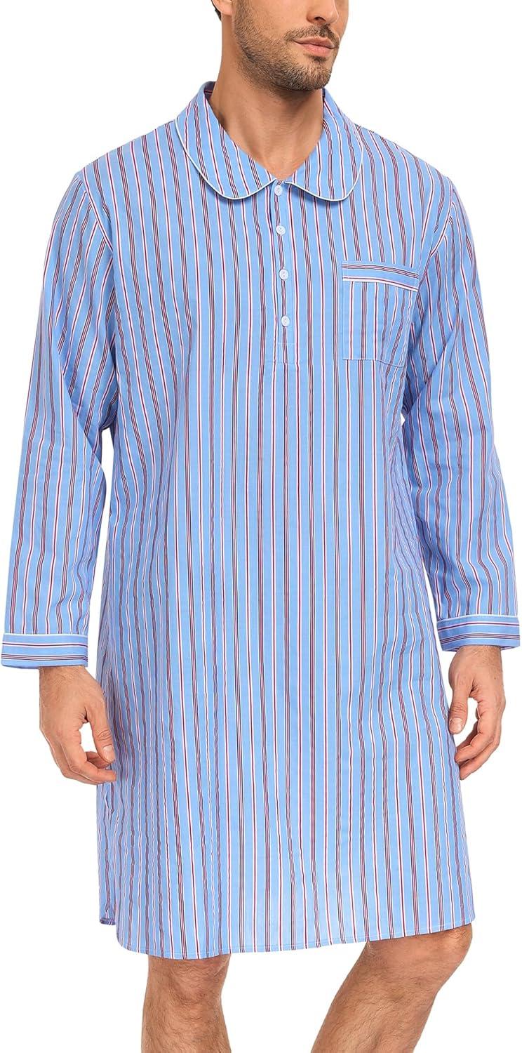 imageSWOMOG Mens Nightshirt 100 Cotton Long Sleeve Sleep Shirt Button Down Nightgown Soft Sleepwear Comfy Nightwear SXXXLBlue Stripes