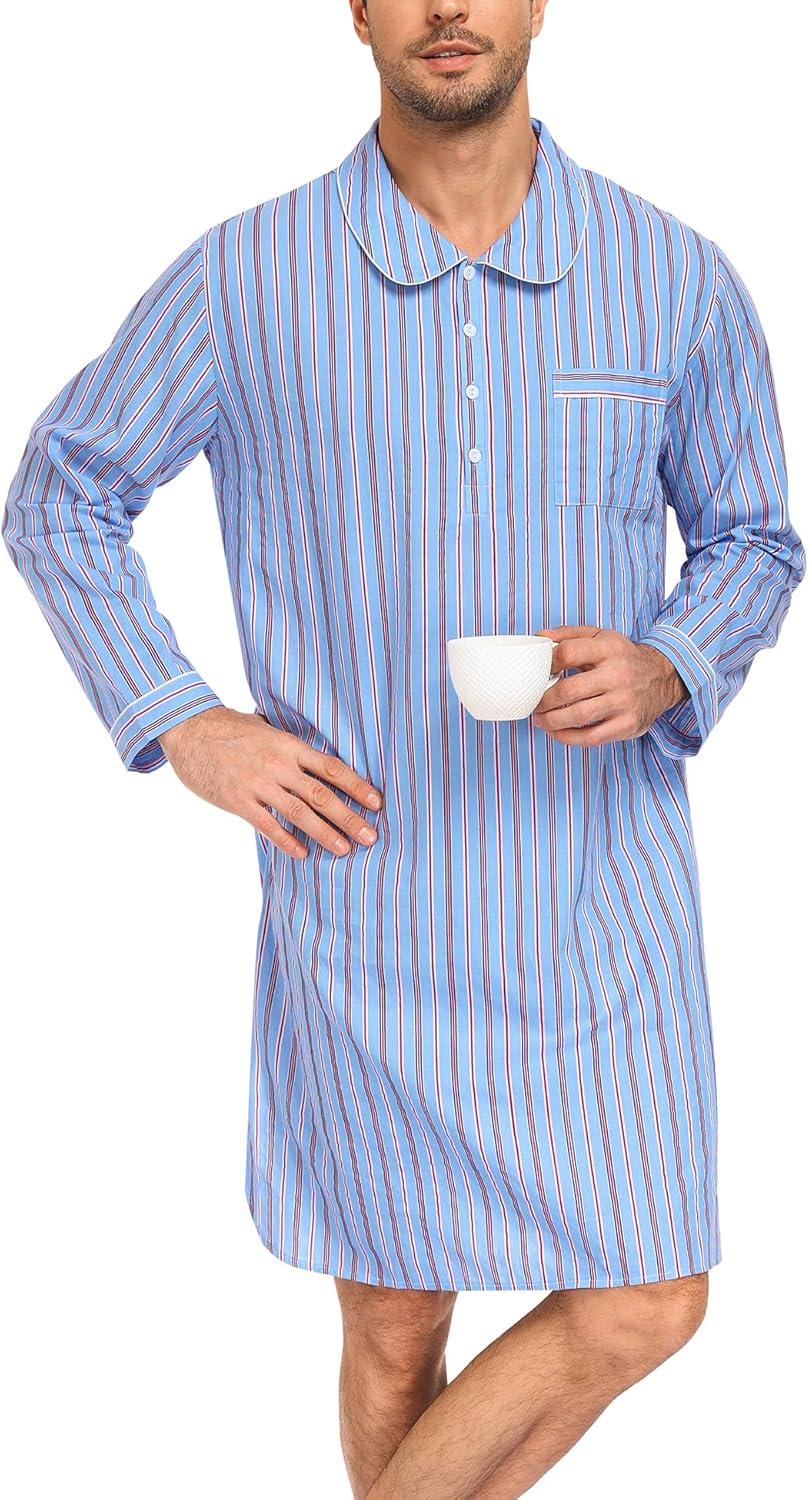 imageSWOMOG Mens Nightshirt 100 Cotton Long Sleeve Sleep Shirt Button Down Nightgown Soft Sleepwear Comfy Nightwear SXXXLBlue Stripes