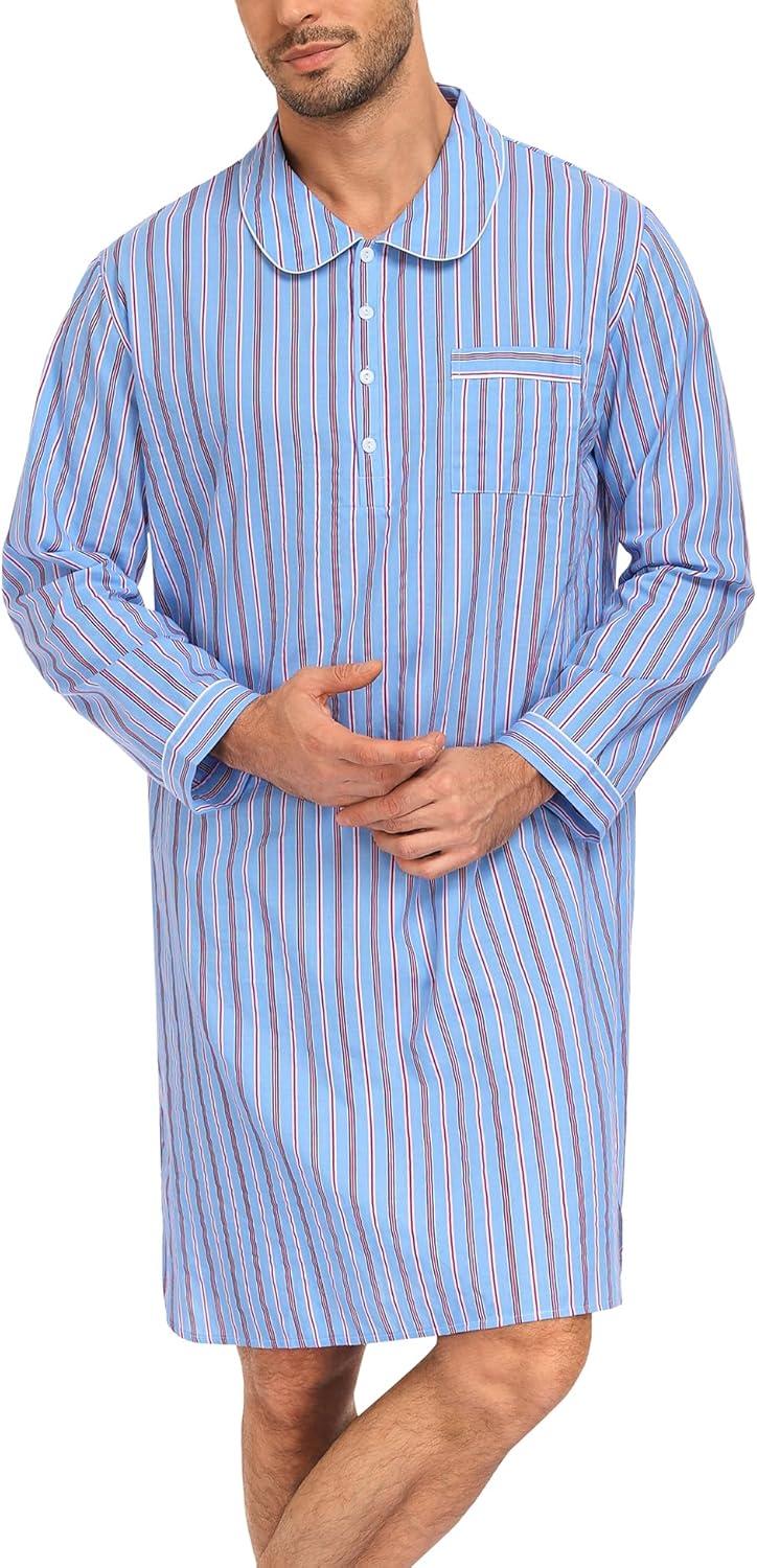 imageSWOMOG Mens Nightshirt 100 Cotton Long Sleeve Sleep Shirt Button Down Nightgown Soft Sleepwear Comfy Nightwear SXXXLBlue Stripes