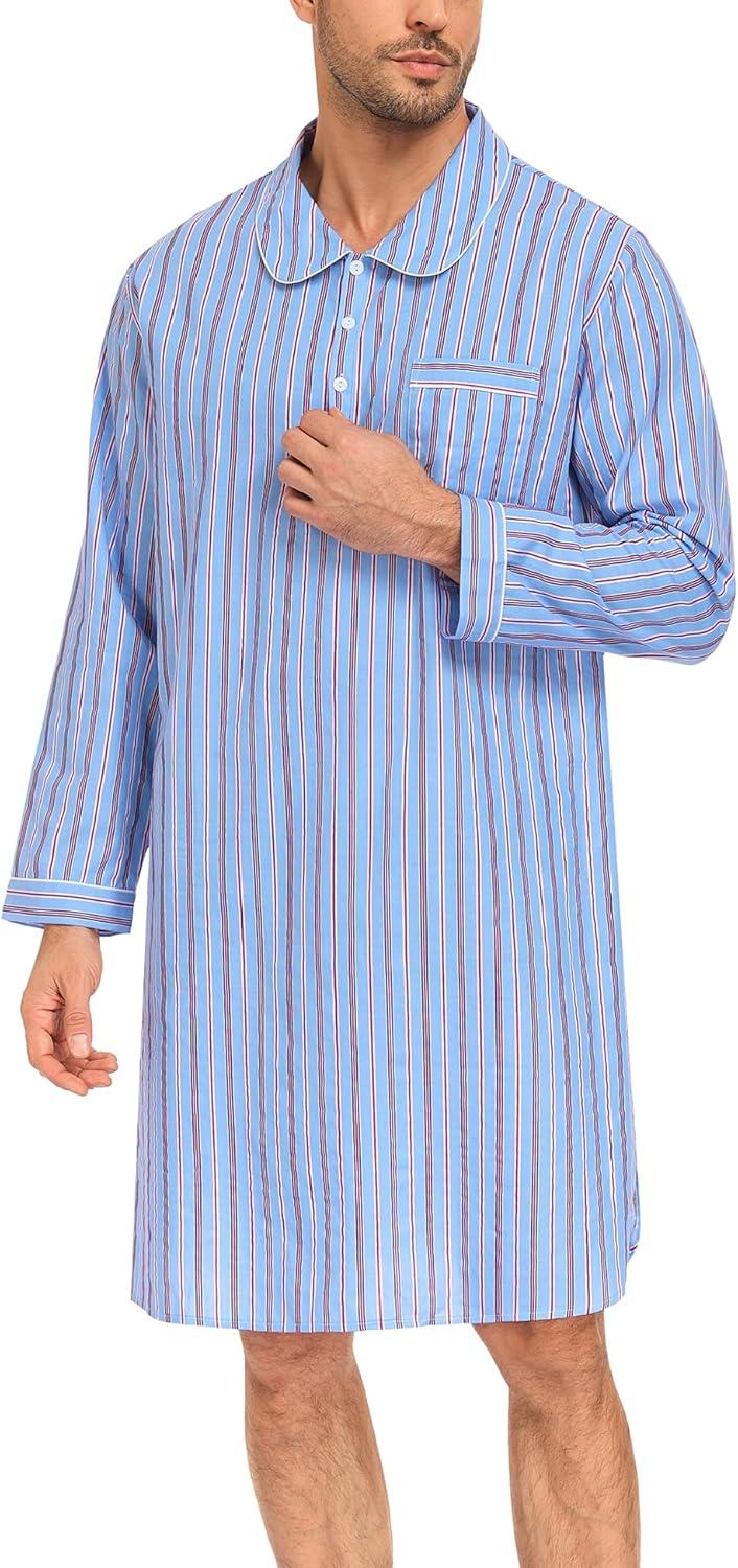 imageSWOMOG Mens Nightshirt 100 Cotton Long Sleeve Sleep Shirt Button Down Nightgown Soft Sleepwear Comfy Nightwear SXXXLBlue Stripes