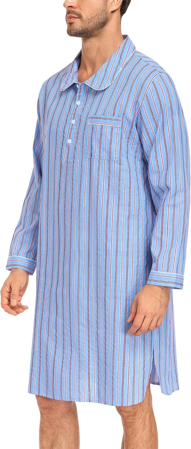 imageSWOMOG Mens Nightshirt 100 Cotton Long Sleeve Sleep Shirt Button Down Nightgown Soft Sleepwear Comfy Nightwear SXXXLBlue Stripes