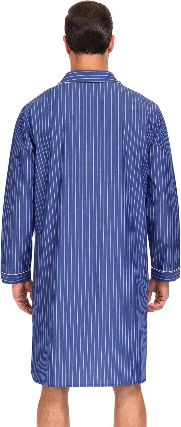 imageSWOMOG Mens Nightshirt 100 Cotton Long Sleeve Sleep Shirt Button Down Nightgown Soft Sleepwear Comfy Nightwear SXXXLLight Blue White Stripes