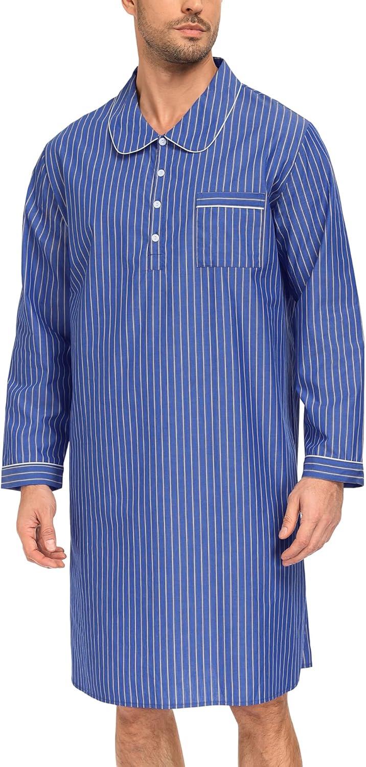 imageSWOMOG Mens Nightshirt 100 Cotton Long Sleeve Sleep Shirt Button Down Nightgown Soft Sleepwear Comfy Nightwear SXXXLLight Blue White Stripes
