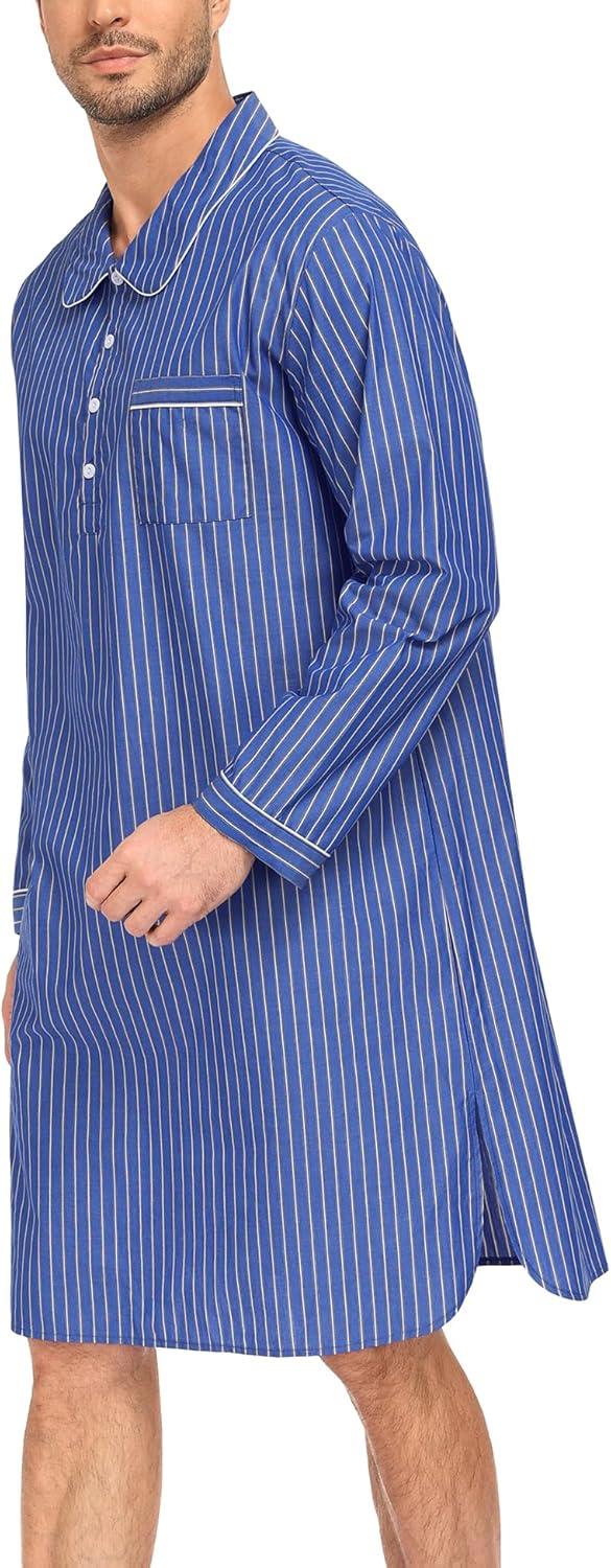 imageSWOMOG Mens Nightshirt 100 Cotton Long Sleeve Sleep Shirt Button Down Nightgown Soft Sleepwear Comfy Nightwear SXXXLLight Blue White Stripes