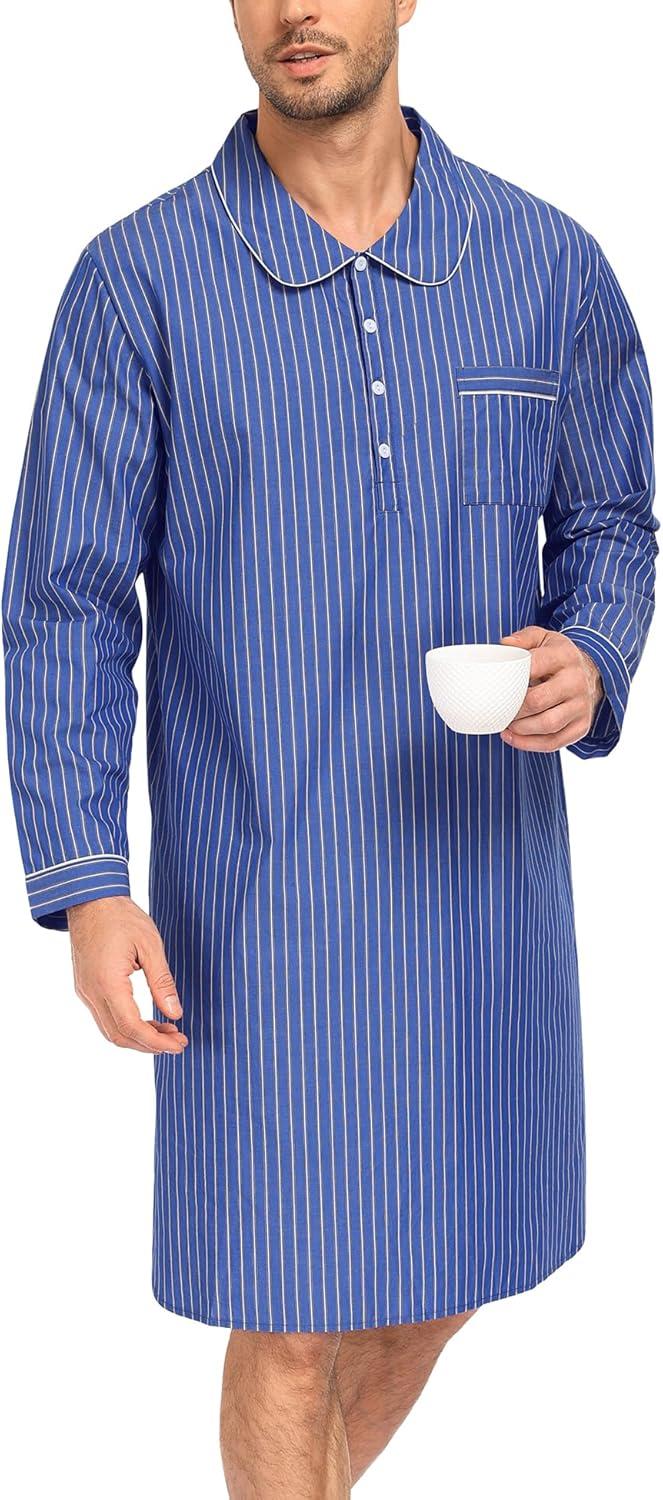 imageSWOMOG Mens Nightshirt 100 Cotton Long Sleeve Sleep Shirt Button Down Nightgown Soft Sleepwear Comfy Nightwear SXXXLLight Blue White Stripes
