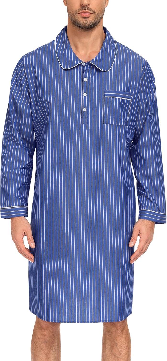 imageSWOMOG Mens Nightshirt 100 Cotton Long Sleeve Sleep Shirt Button Down Nightgown Soft Sleepwear Comfy Nightwear SXXXLLight Blue White Stripes