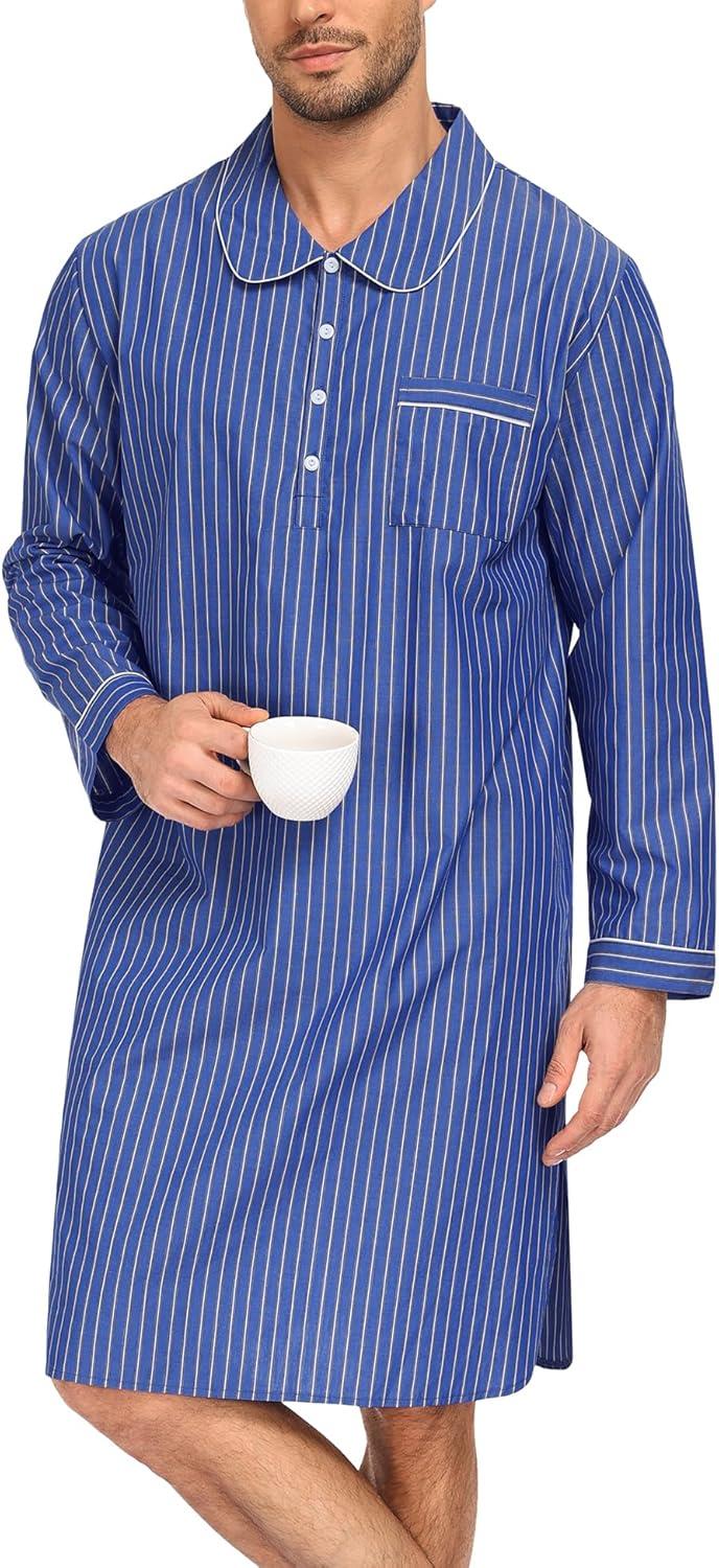 imageSWOMOG Mens Nightshirt 100 Cotton Long Sleeve Sleep Shirt Button Down Nightgown Soft Sleepwear Comfy Nightwear SXXXLLight Blue White Stripes