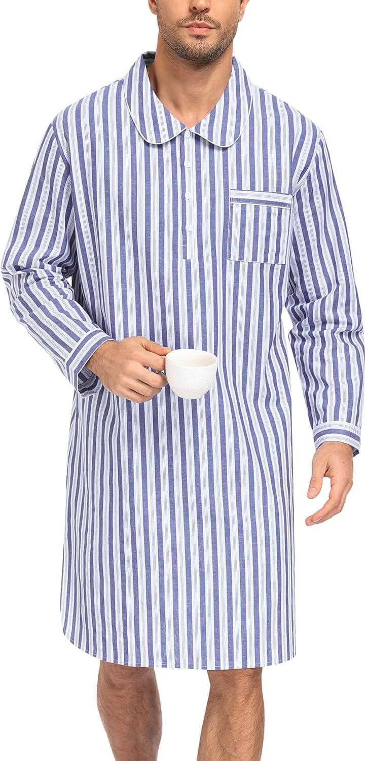 imageSWOMOG Mens Nightshirt 100 Cotton Long Sleeve Sleep Shirt Button Down Nightgown Soft Sleepwear Comfy Nightwear SXXXLNavy White Stripes