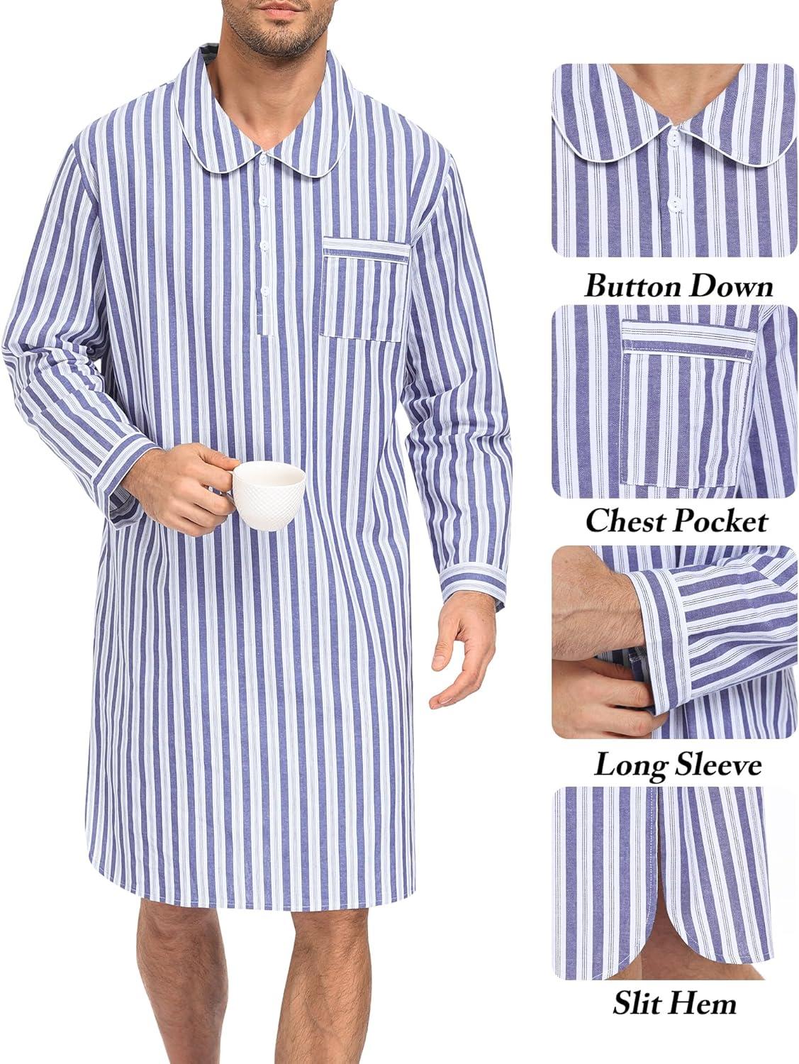 imageSWOMOG Mens Nightshirt 100 Cotton Long Sleeve Sleep Shirt Button Down Nightgown Soft Sleepwear Comfy Nightwear SXXXLNavy White Stripes