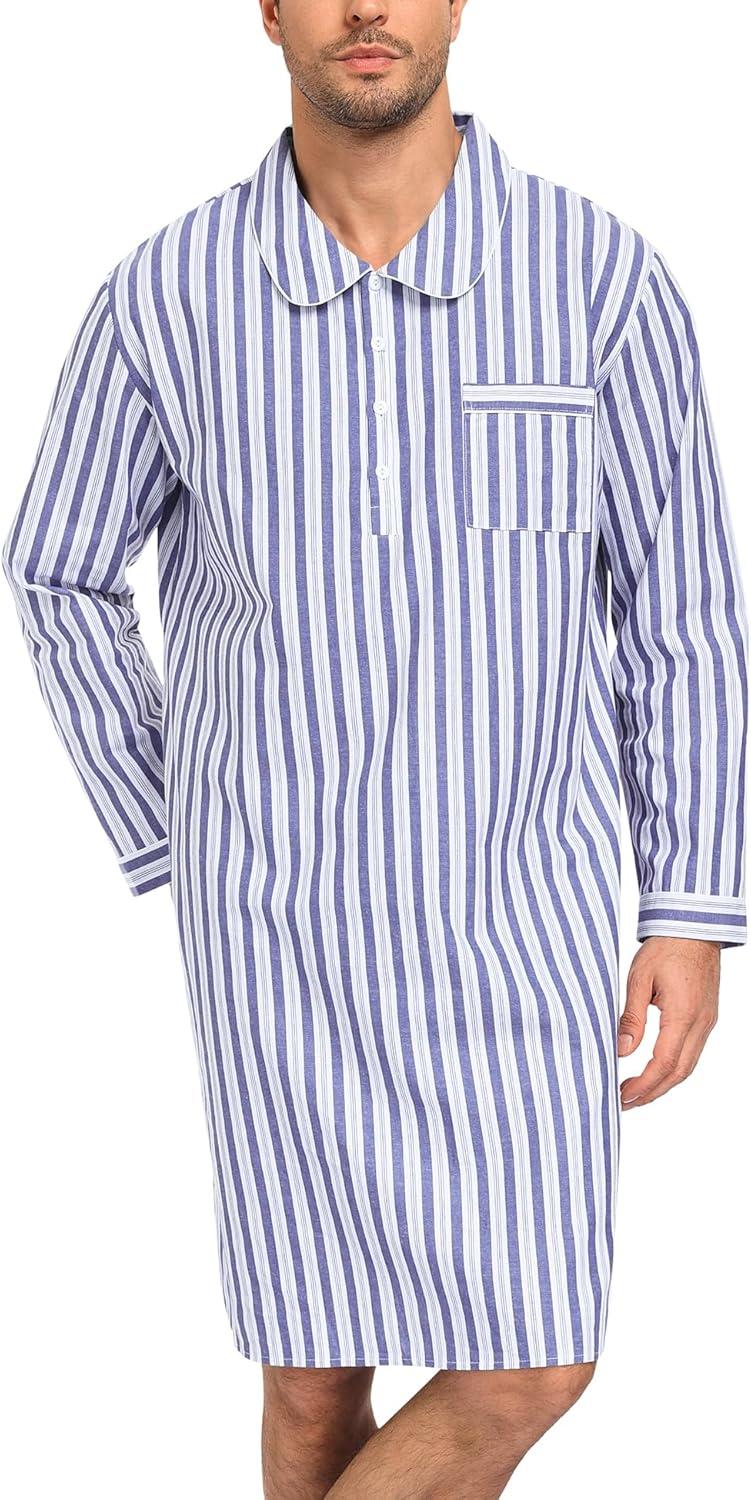 imageSWOMOG Mens Nightshirt 100 Cotton Long Sleeve Sleep Shirt Button Down Nightgown Soft Sleepwear Comfy Nightwear SXXXLNavy White Stripes