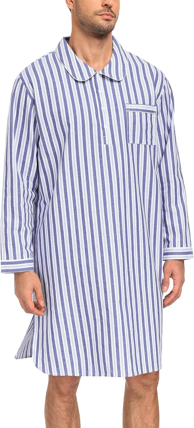 imageSWOMOG Mens Nightshirt 100 Cotton Long Sleeve Sleep Shirt Button Down Nightgown Soft Sleepwear Comfy Nightwear SXXXLNavy White Stripes