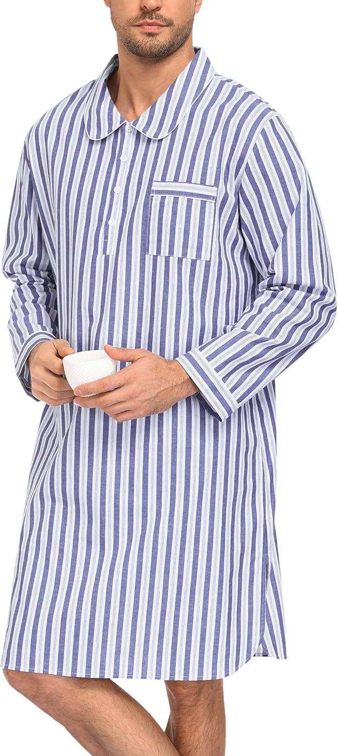 imageSWOMOG Mens Nightshirt 100 Cotton Long Sleeve Sleep Shirt Button Down Nightgown Soft Sleepwear Comfy Nightwear SXXXLNavy White Stripes