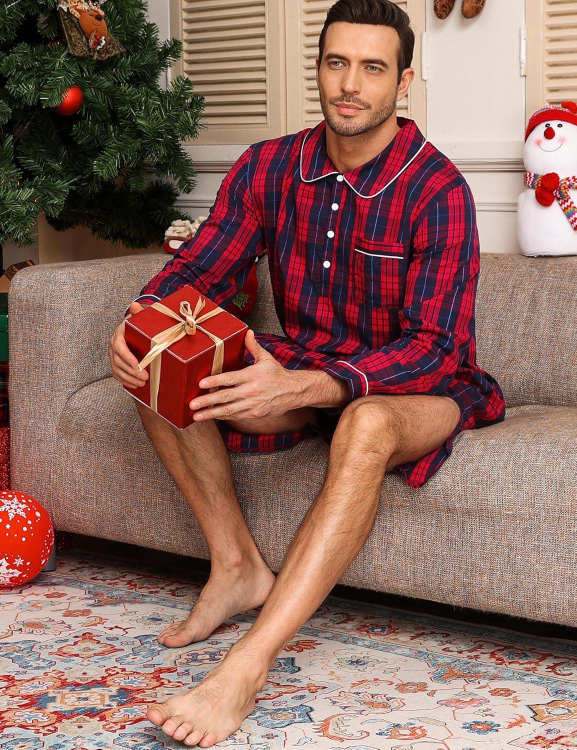 imageSWOMOG Mens Nightshirt 100 Cotton Long Sleeve Sleep Shirt Button Down Nightgown Soft Sleepwear Comfy Nightwear SXXXLRed Blue Grid