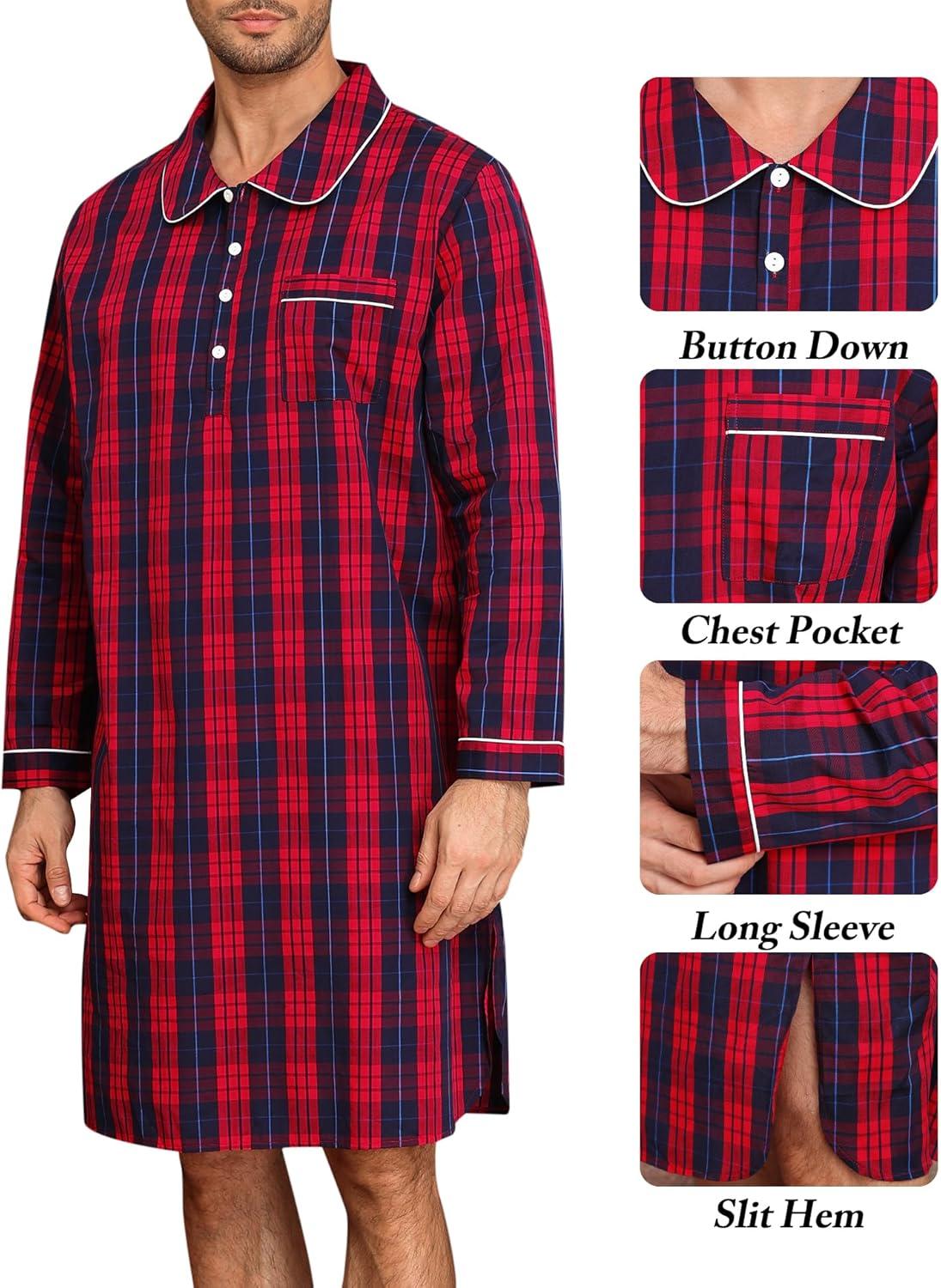 imageSWOMOG Mens Nightshirt 100 Cotton Long Sleeve Sleep Shirt Button Down Nightgown Soft Sleepwear Comfy Nightwear SXXXLRed Blue Grid