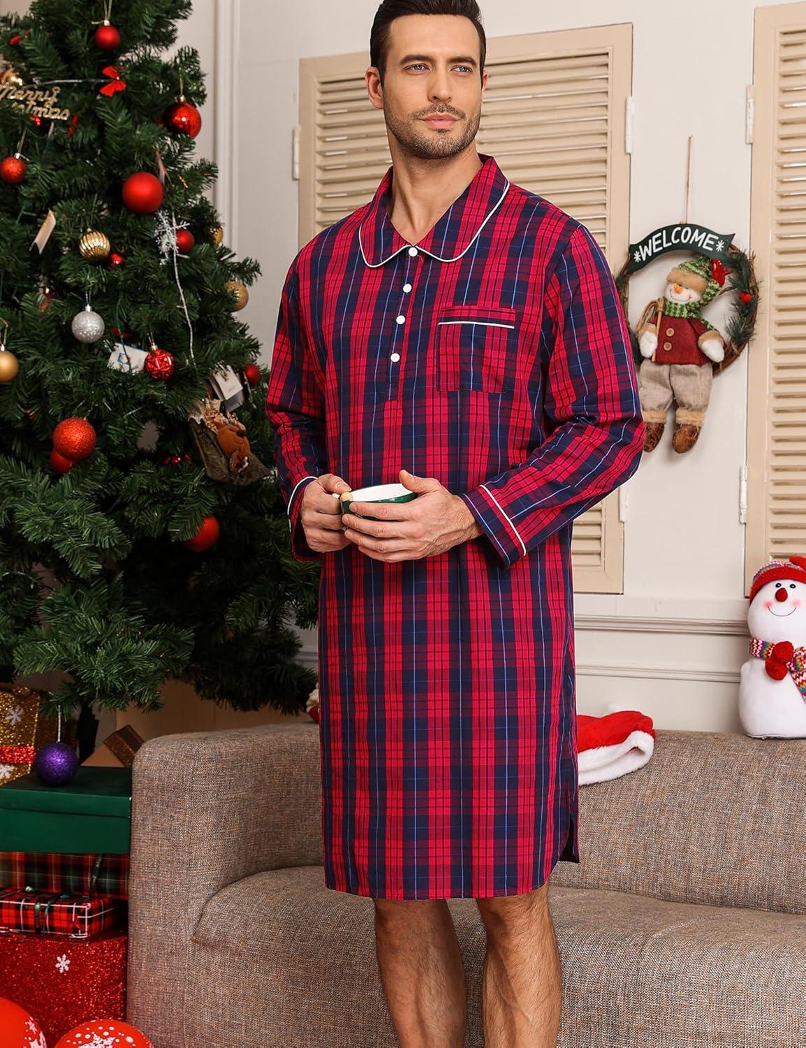 imageSWOMOG Mens Nightshirt 100 Cotton Long Sleeve Sleep Shirt Button Down Nightgown Soft Sleepwear Comfy Nightwear SXXXLRed Blue Grid