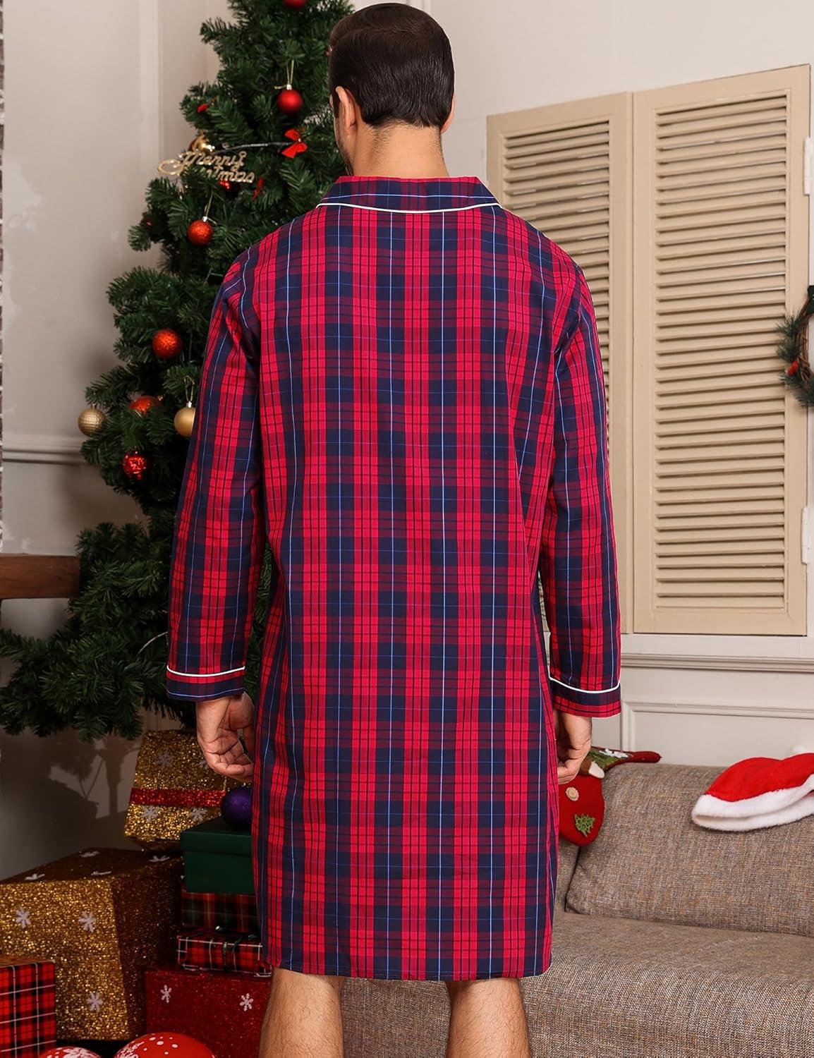 imageSWOMOG Mens Nightshirt 100 Cotton Long Sleeve Sleep Shirt Button Down Nightgown Soft Sleepwear Comfy Nightwear SXXXLRed Blue Grid