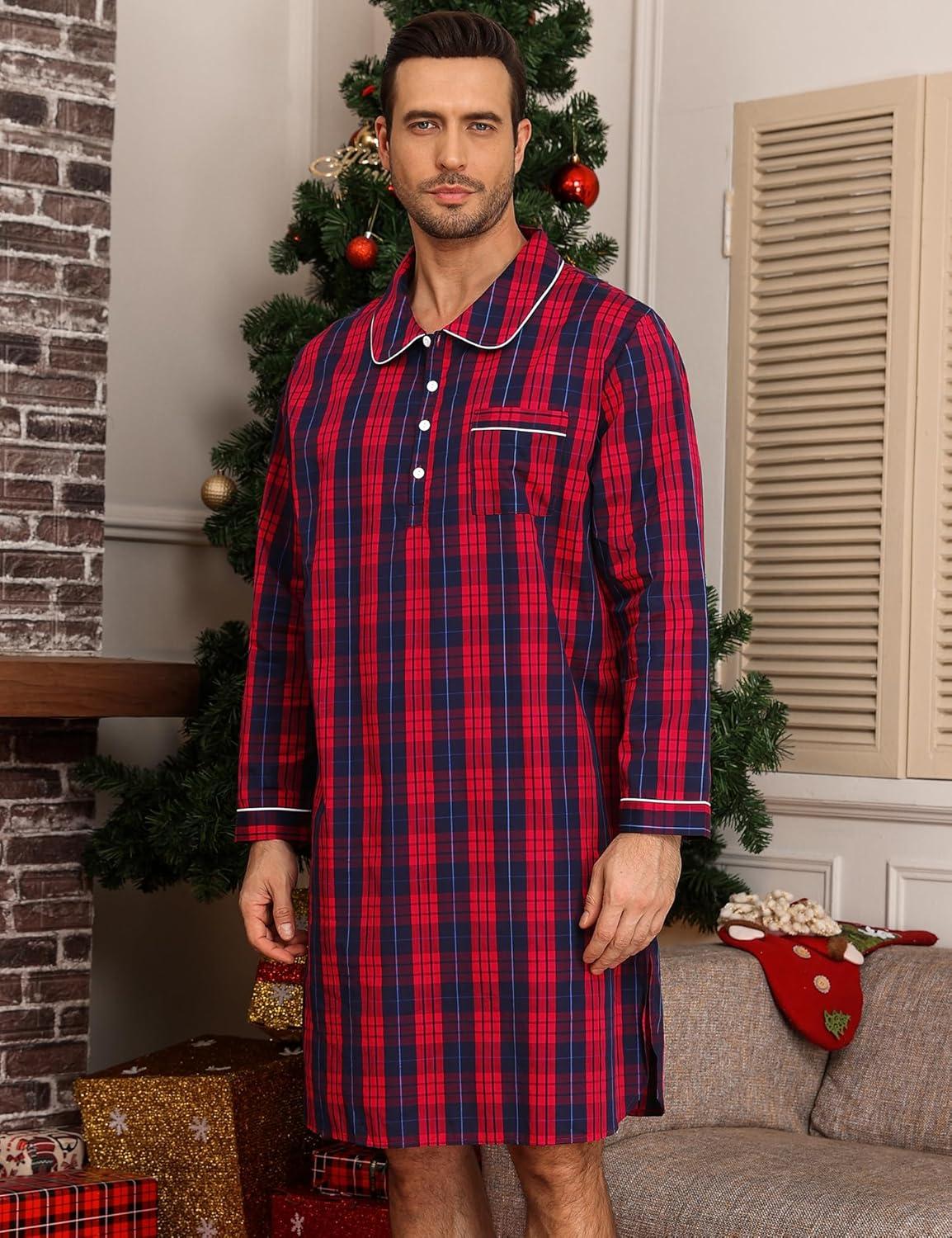imageSWOMOG Mens Nightshirt 100 Cotton Long Sleeve Sleep Shirt Button Down Nightgown Soft Sleepwear Comfy Nightwear SXXXLRed Blue Grid