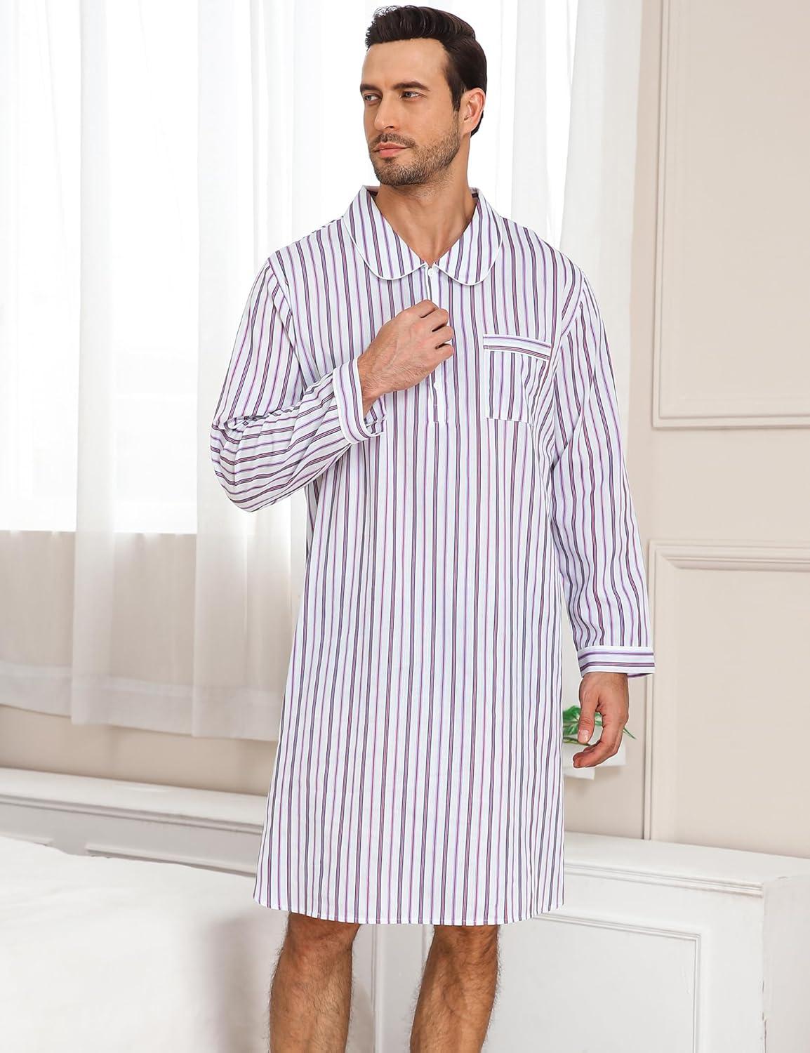 imageSWOMOG Mens Nightshirt 100 Cotton Long Sleeve Sleep Shirt Button Down Nightgown Soft Sleepwear Comfy Nightwear SXXXLWhite Stripes
