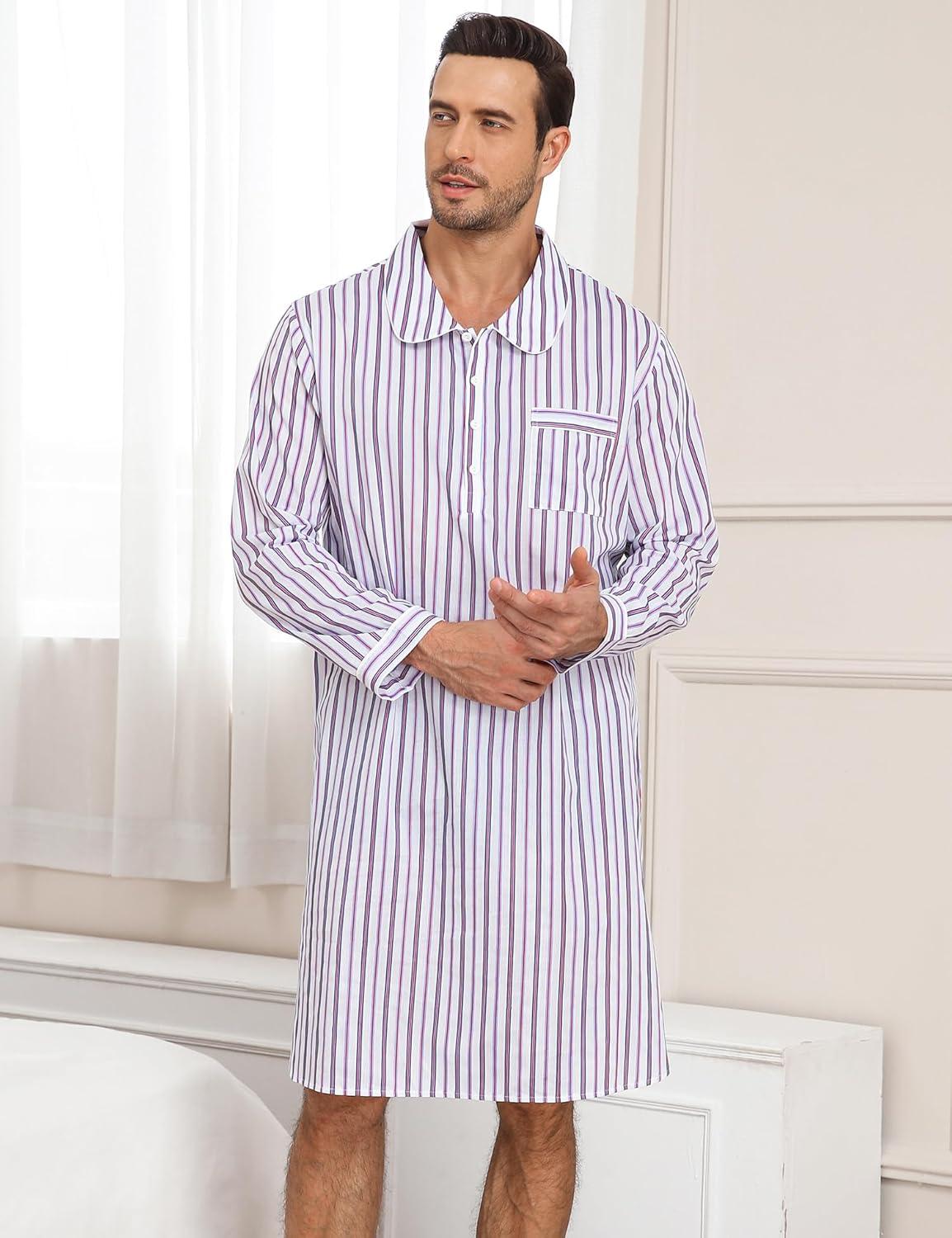 imageSWOMOG Mens Nightshirt 100 Cotton Long Sleeve Sleep Shirt Button Down Nightgown Soft Sleepwear Comfy Nightwear SXXXLWhite Stripes