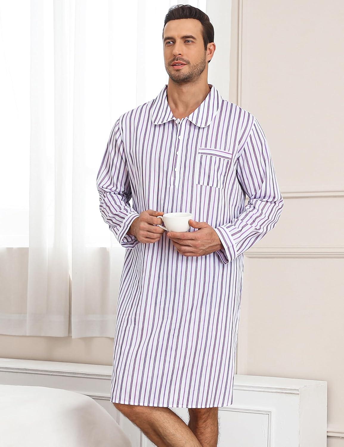 imageSWOMOG Mens Nightshirt 100 Cotton Long Sleeve Sleep Shirt Button Down Nightgown Soft Sleepwear Comfy Nightwear SXXXLWhite Stripes