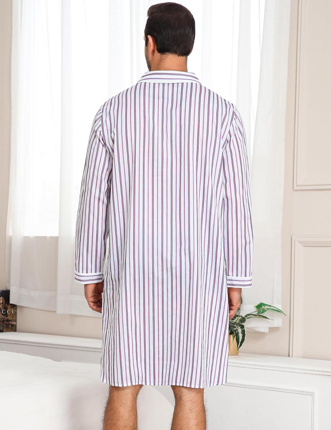 imageSWOMOG Mens Nightshirt 100 Cotton Long Sleeve Sleep Shirt Button Down Nightgown Soft Sleepwear Comfy Nightwear White Stripes Large