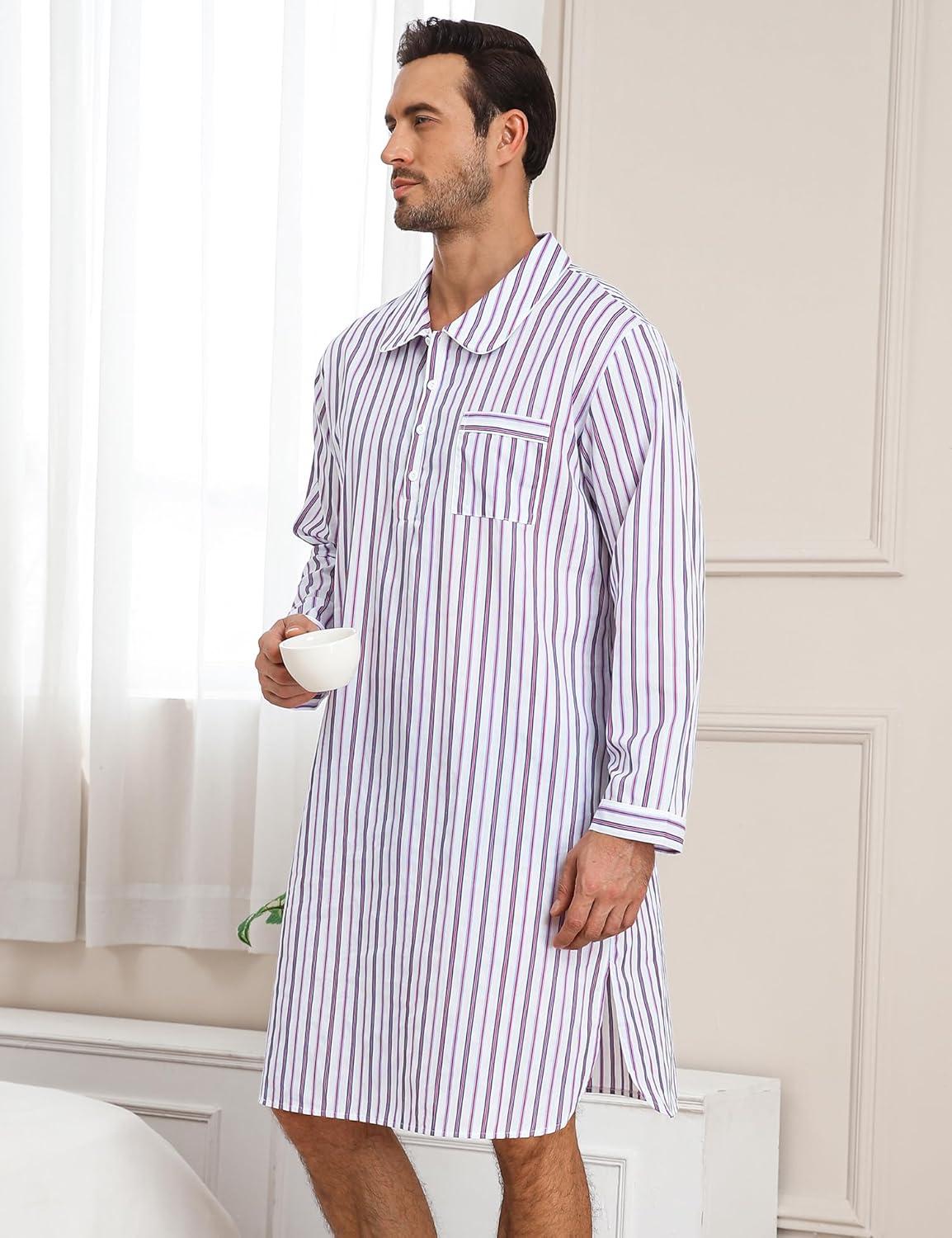 imageSWOMOG Mens Nightshirt 100 Cotton Long Sleeve Sleep Shirt Button Down Nightgown Soft Sleepwear Comfy Nightwear White Stripes Large
