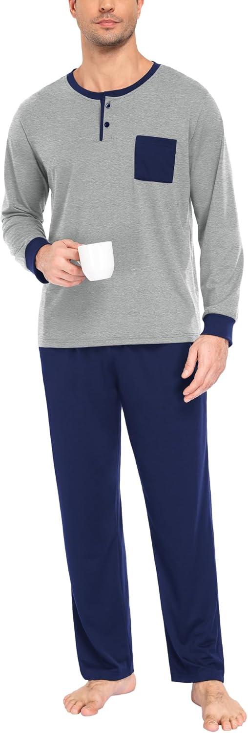 imageSWOMOG Mens Pajamas Set Long Sleeve Mens Sleepwear Pj Sets Henley Shirts and Pants Soft 2 Pcs Lounge Sets with PocketsGrey