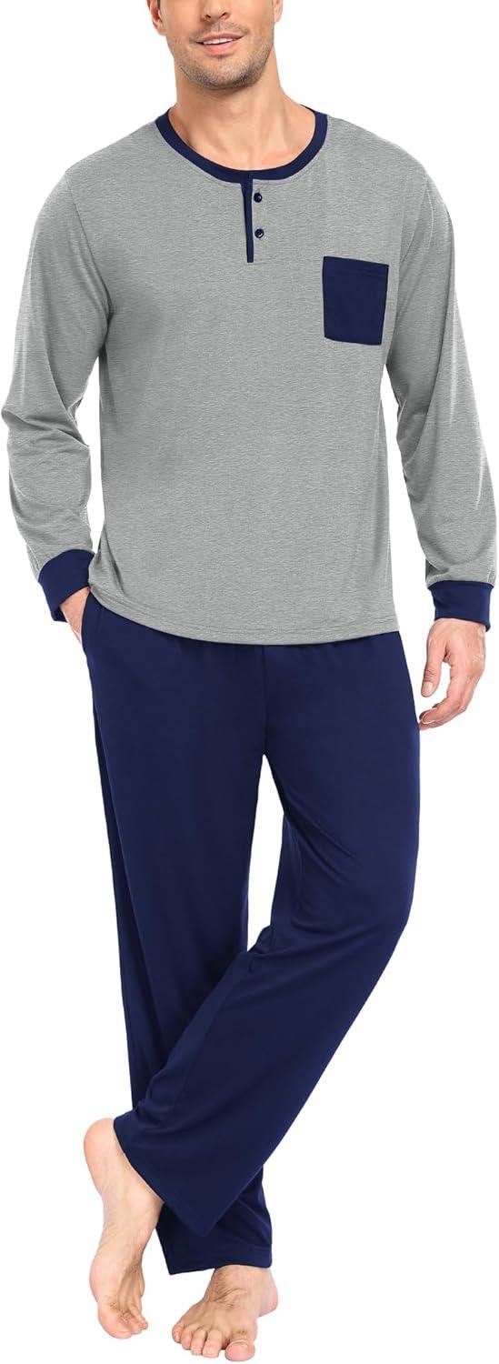 imageSWOMOG Mens Pajamas Set Long Sleeve Mens Sleepwear Pj Sets Henley Shirts and Pants Soft 2 Pcs Lounge Sets with PocketsGrey