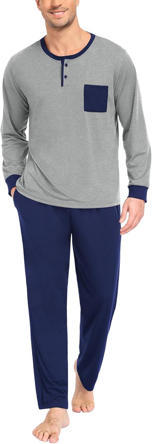 imageSWOMOG Mens Pajamas Set Long Sleeve Mens Sleepwear Pj Sets Henley Shirts and Pants Soft 2 Pcs Lounge Sets with PocketsGrey