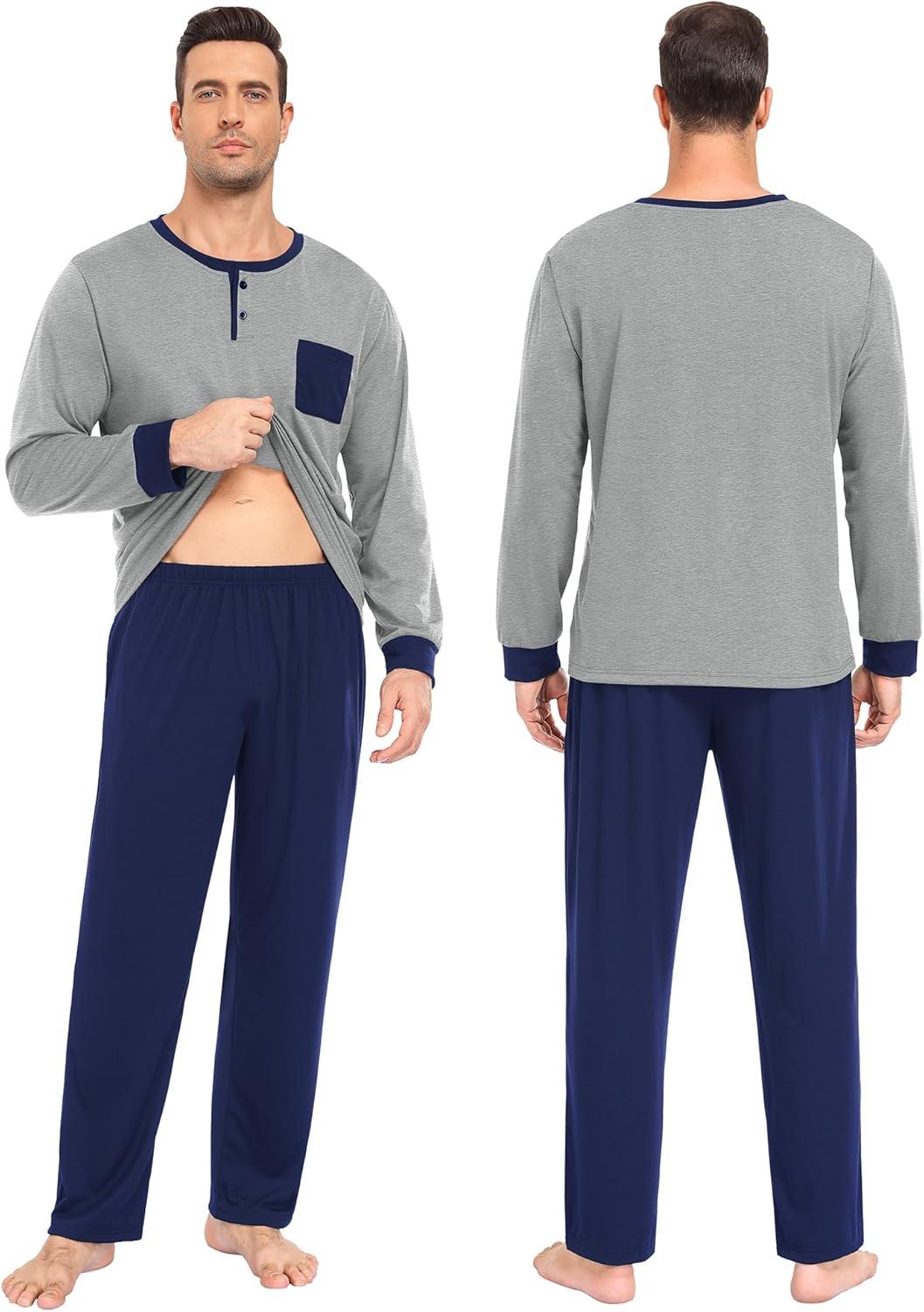 imageSWOMOG Mens Pajamas Set Long Sleeve Mens Sleepwear Pj Sets Henley Shirts and Pants Soft 2 Pcs Lounge Sets with PocketsGrey