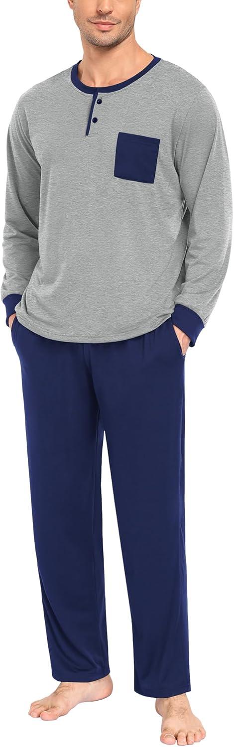 imageSWOMOG Mens Pajamas Set Long Sleeve Mens Sleepwear Pj Sets Henley Shirts and Pants Soft 2 Pcs Lounge Sets with PocketsGrey