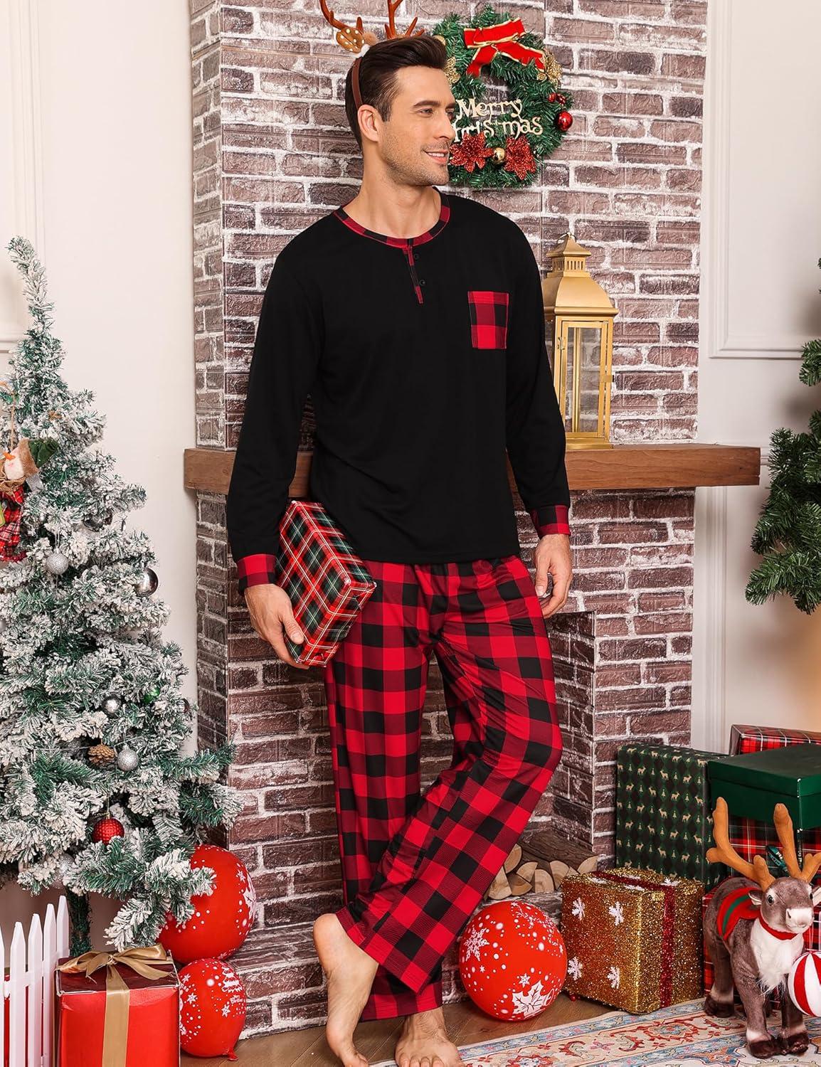 imageSWOMOG Mens Pajamas Set Long Sleeve Mens Sleepwear Pj Sets Henley Shirts and Pants Soft 2 Pcs Lounge Sets with PocketsRed Black Grid