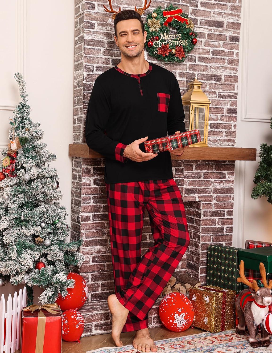 imageSWOMOG Mens Pajamas Set Long Sleeve Mens Sleepwear Pj Sets Henley Shirts and Pants Soft 2 Pcs Lounge Sets with PocketsRed Black Grid