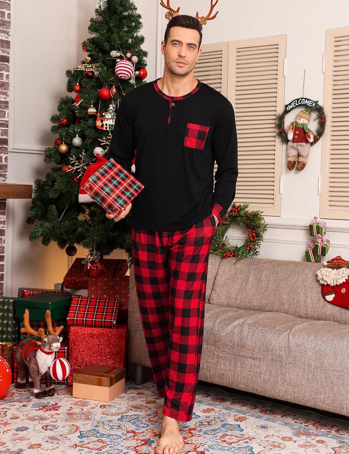 imageSWOMOG Mens Pajamas Set Long Sleeve Mens Sleepwear Pj Sets Henley Shirts and Pants Soft 2 Pcs Lounge Sets with PocketsRed Black Grid