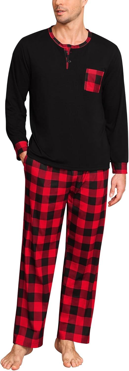 imageSWOMOG Mens Pajamas Set Long Sleeve Mens Sleepwear Pj Sets Henley Shirts and Pants Soft 2 Pcs Lounge Sets with PocketsRed Black Grid