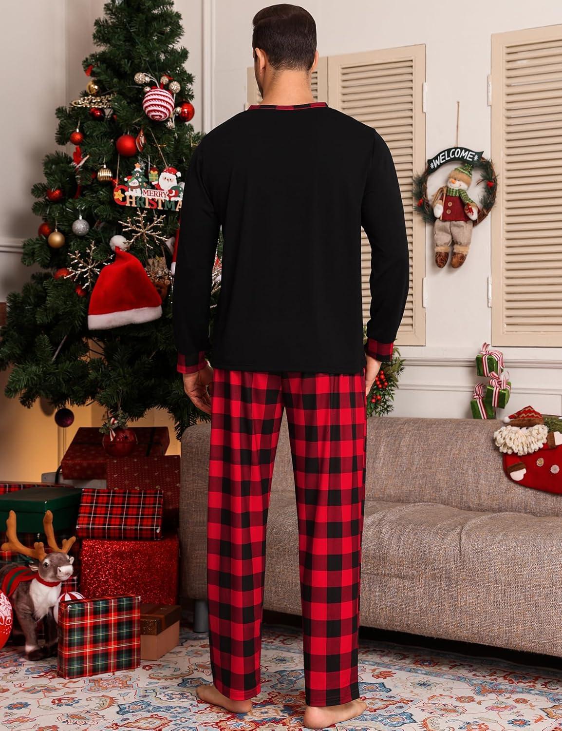 imageSWOMOG Mens Pajamas Set Long Sleeve Mens Sleepwear Pj Sets Henley Shirts and Pants Soft 2 Pcs Lounge Sets with PocketsRed Black Grid