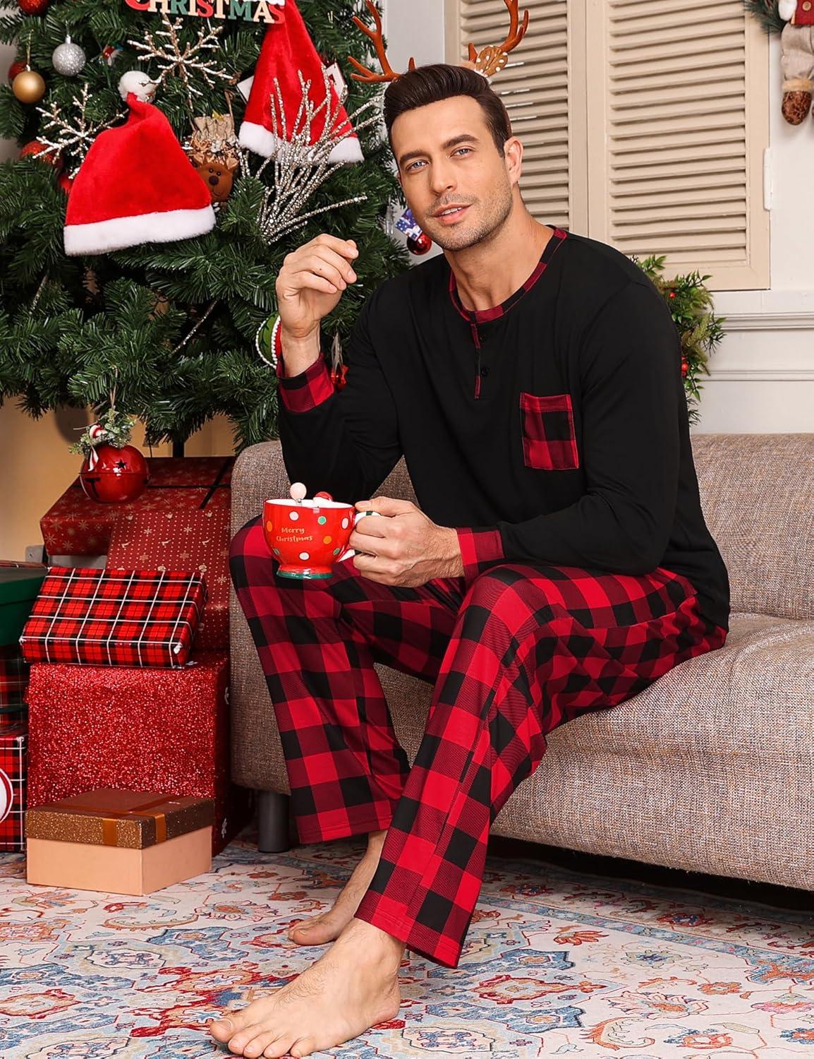 imageSWOMOG Mens Pajamas Set Long Sleeve Mens Sleepwear Pj Sets Henley Shirts and Pants Soft 2 Pcs Lounge Sets with PocketsRed Black Grid