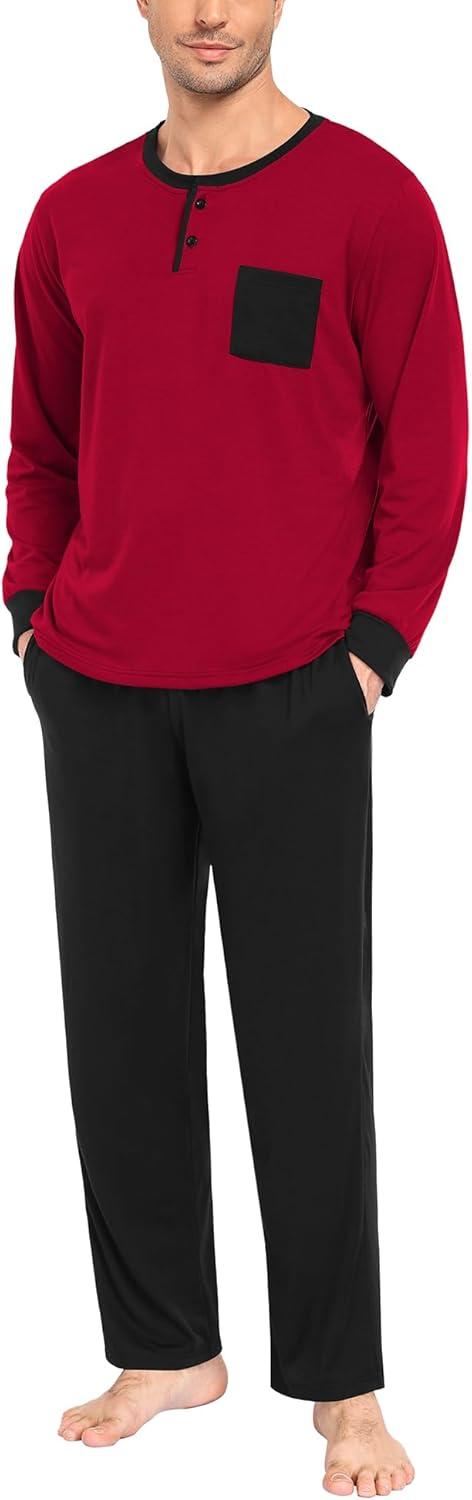 imageSWOMOG Mens Pajamas Set Long Sleeve Mens Sleepwear Pj Sets Henley Shirts and Pants Soft 2 Pcs Lounge Sets with PocketsWine Red