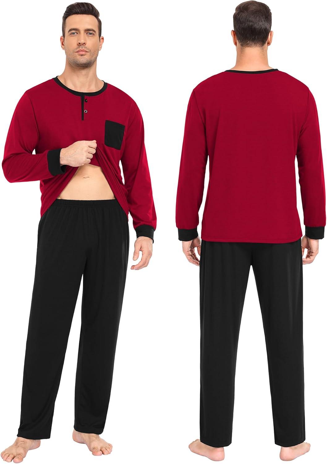 imageSWOMOG Mens Pajamas Set Long Sleeve Mens Sleepwear Pj Sets Henley Shirts and Pants Soft 2 Pcs Lounge Sets with PocketsWine Red