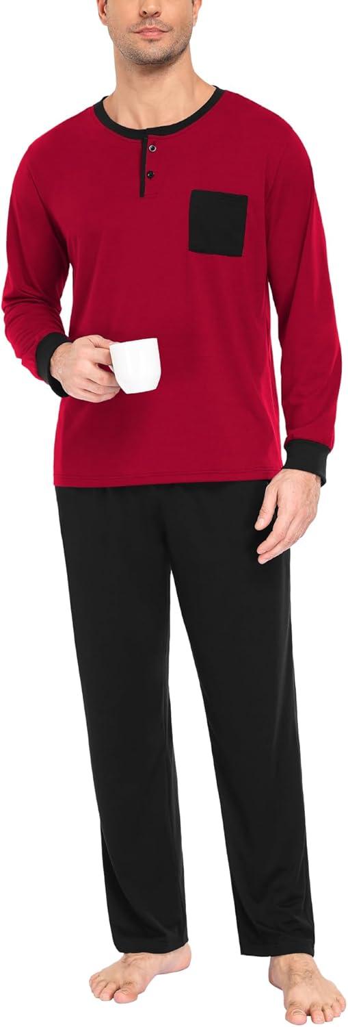 imageSWOMOG Mens Pajamas Set Long Sleeve Mens Sleepwear Pj Sets Henley Shirts and Pants Soft 2 Pcs Lounge Sets with PocketsWine Red