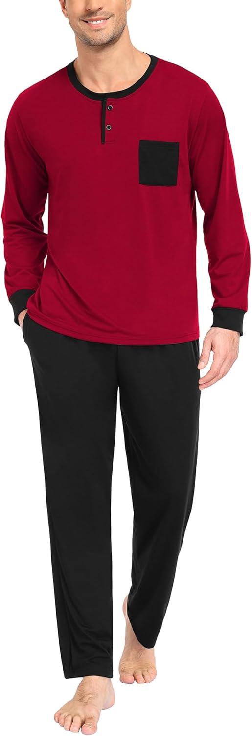 imageSWOMOG Mens Pajamas Set Long Sleeve Mens Sleepwear Pj Sets Henley Shirts and Pants Soft 2 Pcs Lounge Sets with PocketsWine Red