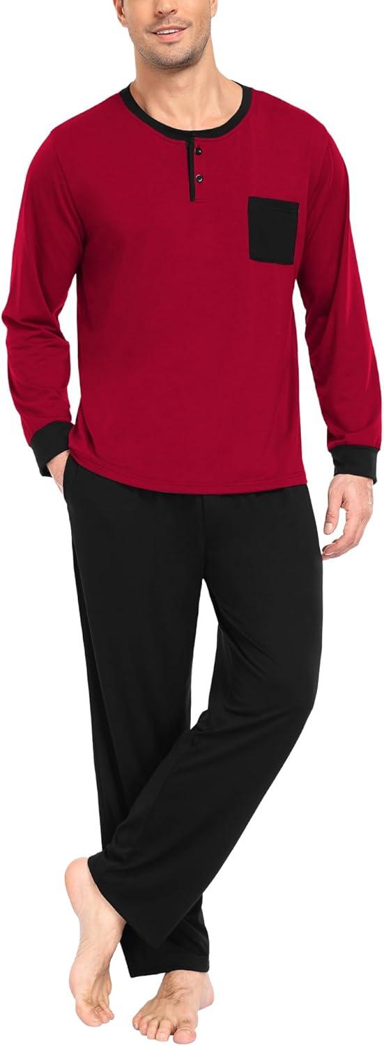 imageSWOMOG Mens Pajamas Set Long Sleeve Mens Sleepwear Pj Sets Henley Shirts and Pants Soft 2 Pcs Lounge Sets with PocketsWine Red