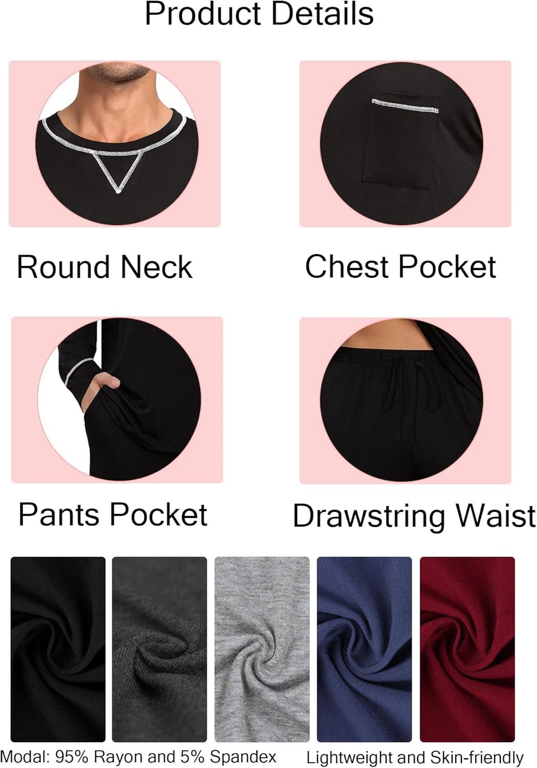 imageSWOMOG Mens Pajamas Set Modal Long Sleeve Sleepwear Crew Neck Pjs 2 Piece Loungewear Nightshirt Top amp Pants with PocketsBlack