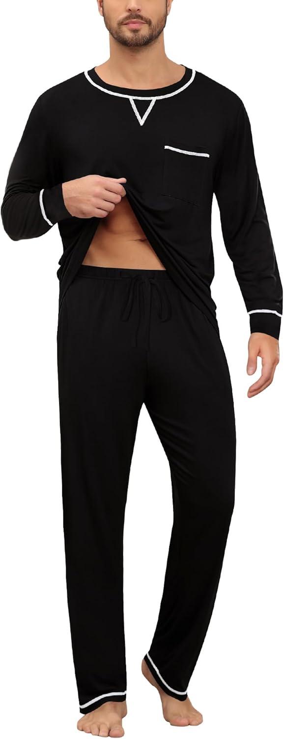 imageSWOMOG Mens Pajamas Set Modal Long Sleeve Sleepwear Crew Neck Pjs 2 Piece Loungewear Nightshirt Top amp Pants with PocketsBlack